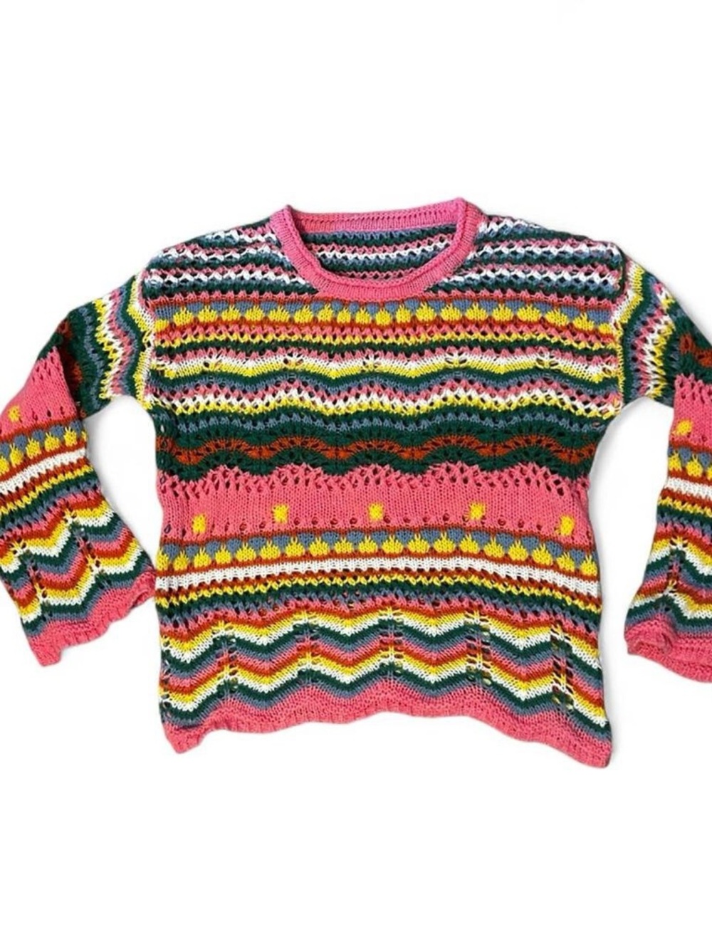 Colorful Crochet Open-Knit Sweater Womens S Twee Festival Beachy Pink Boho Artsy
